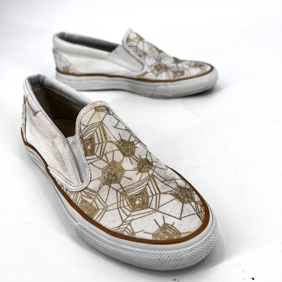 Converse Slip-On Low‎ Top Sneakers White Gold Spider Web Size 8 Halloween Goth - Picture 1 of 7